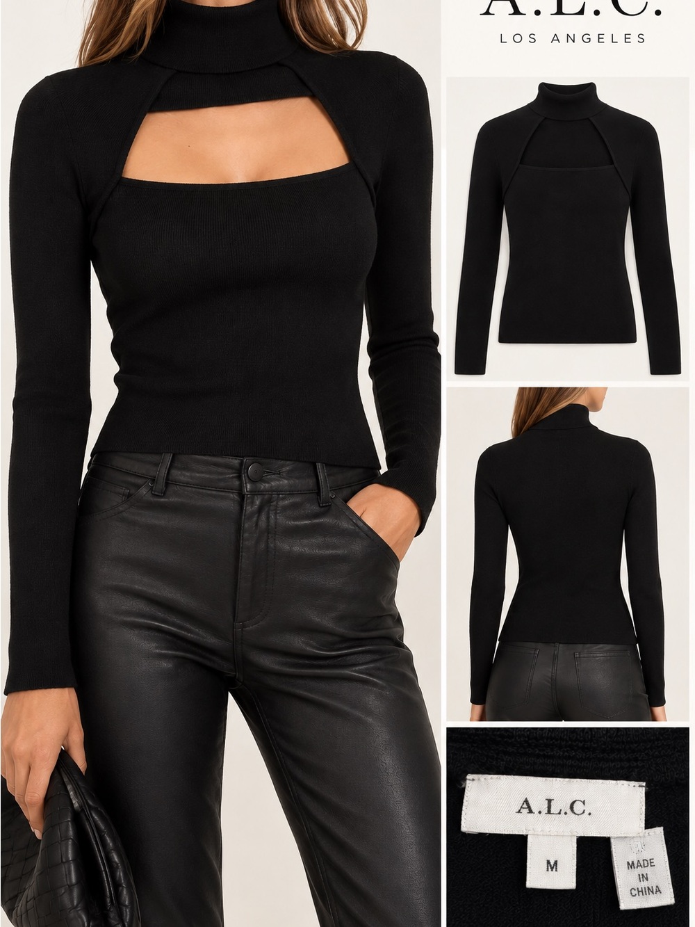 A.L.C. Black Cutout Turtleneck Long Sleeve Sweater Top M